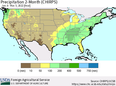 United States Precipitation 2-Month (CHIRPS) Thematic Map For 1/6/2022 - 3/5/2022