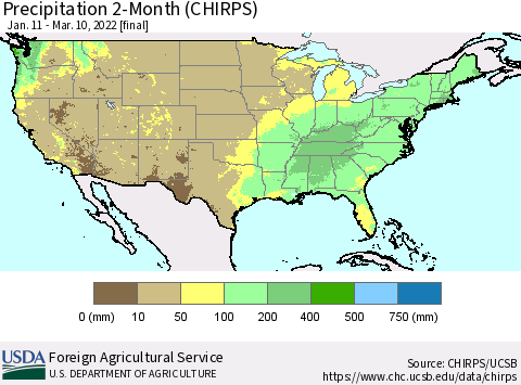 United States Precipitation 2-Month (CHIRPS) Thematic Map For 1/11/2022 - 3/10/2022