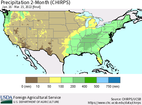 United States Precipitation 2-Month (CHIRPS) Thematic Map For 1/16/2022 - 3/15/2022
