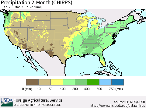 United States Precipitation 2-Month (CHIRPS) Thematic Map For 1/21/2022 - 3/20/2022