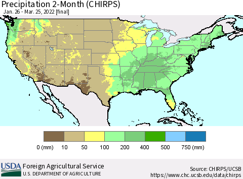 United States Precipitation 2-Month (CHIRPS) Thematic Map For 1/26/2022 - 3/25/2022