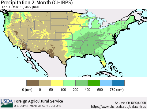 United States Precipitation 2-Month (CHIRPS) Thematic Map For 2/1/2022 - 3/31/2022