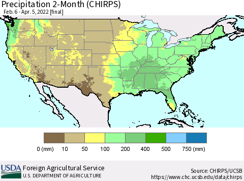 United States Precipitation 2-Month (CHIRPS) Thematic Map For 2/6/2022 - 4/5/2022