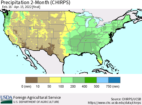 United States Precipitation 2-Month (CHIRPS) Thematic Map For 2/16/2022 - 4/15/2022