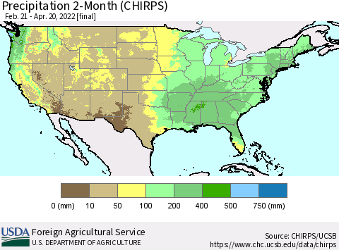 United States Precipitation 2-Month (CHIRPS) Thematic Map For 2/21/2022 - 4/20/2022
