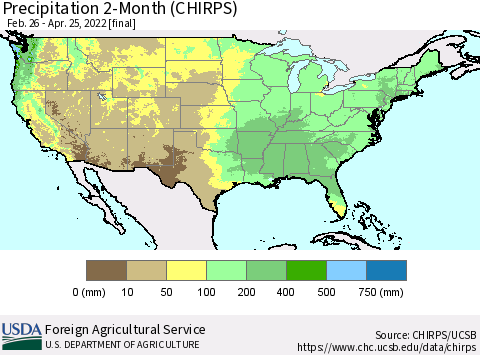 United States Precipitation 2-Month (CHIRPS) Thematic Map For 2/26/2022 - 4/25/2022