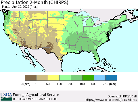 United States Precipitation 2-Month (CHIRPS) Thematic Map For 3/1/2022 - 4/30/2022