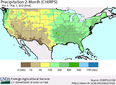United States Precipitation 2-Month (CHIRPS) Thematic Map For 3/6/2022 - 5/5/2022