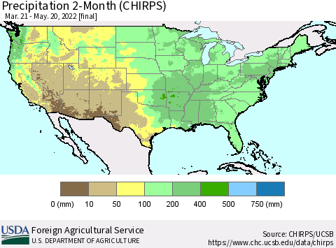 United States Precipitation 2-Month (CHIRPS) Thematic Map For 3/21/2022 - 5/20/2022