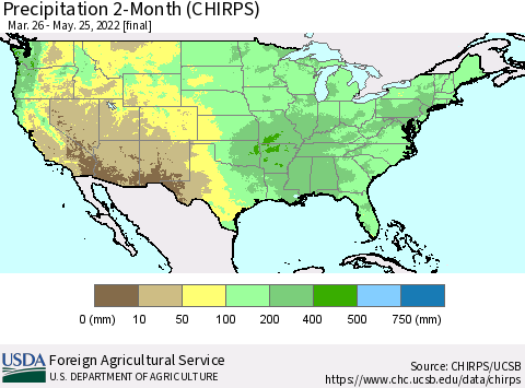 United States Precipitation 2-Month (CHIRPS) Thematic Map For 3/26/2022 - 5/25/2022