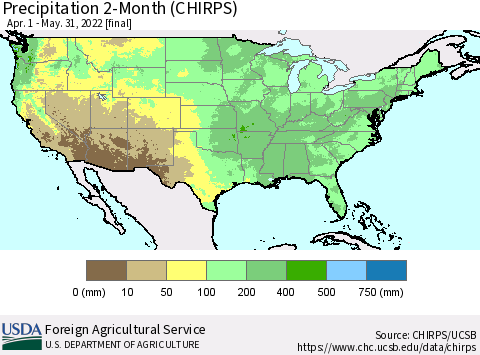United States Precipitation 2-Month (CHIRPS) Thematic Map For 4/1/2022 - 5/31/2022