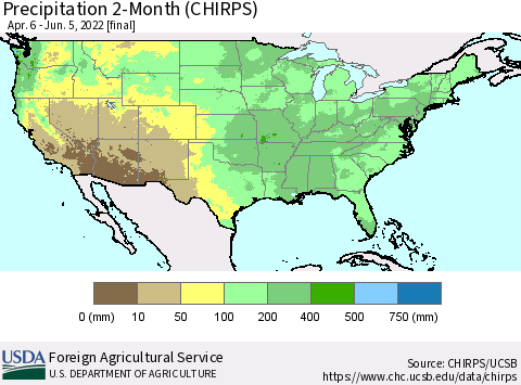 United States Precipitation 2-Month (CHIRPS) Thematic Map For 4/6/2022 - 6/5/2022