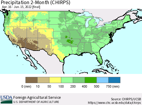 United States Precipitation 2-Month (CHIRPS) Thematic Map For 4/16/2022 - 6/15/2022