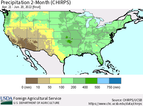 United States Precipitation 2-Month (CHIRPS) Thematic Map For 4/21/2022 - 6/20/2022