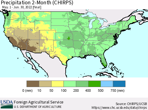 United States Precipitation 2-Month (CHIRPS) Thematic Map For 5/1/2022 - 6/30/2022