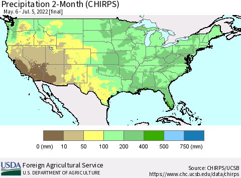 United States Precipitation 2-Month (CHIRPS) Thematic Map For 5/6/2022 - 7/5/2022