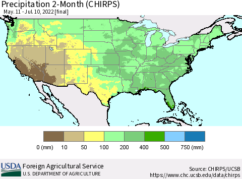 United States Precipitation 2-Month (CHIRPS) Thematic Map For 5/11/2022 - 7/10/2022