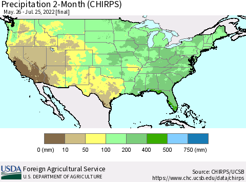 United States Precipitation 2-Month (CHIRPS) Thematic Map For 5/26/2022 - 7/25/2022