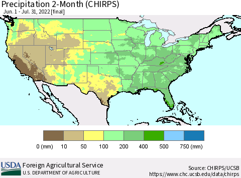 United States Precipitation 2-Month (CHIRPS) Thematic Map For 6/1/2022 - 7/31/2022
