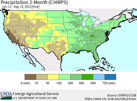 United States Precipitation 2-Month (CHIRPS) Thematic Map For 6/11/2022 - 8/10/2022
