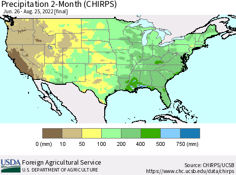 United States Precipitation 2-Month (CHIRPS) Thematic Map For 6/26/2022 - 8/25/2022