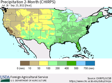 United States Precipitation 2-Month (CHIRPS) Thematic Map For 7/26/2022 - 9/25/2022
