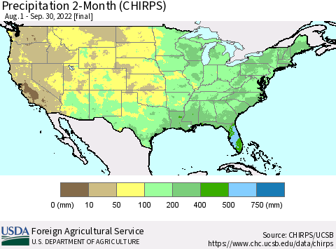 United States Precipitation 2-Month (CHIRPS) Thematic Map For 8/1/2022 - 9/30/2022