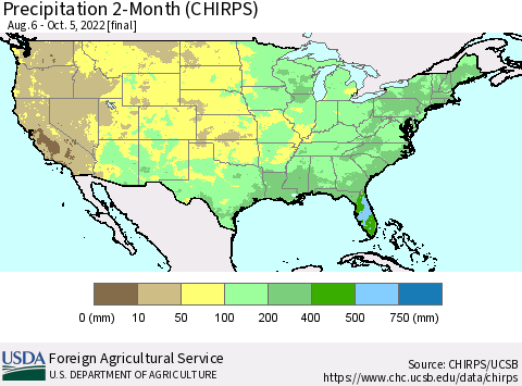 United States Precipitation 2-Month (CHIRPS) Thematic Map For 8/6/2022 - 10/5/2022