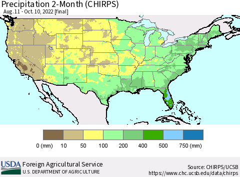 United States Precipitation 2-Month (CHIRPS) Thematic Map For 8/11/2022 - 10/10/2022