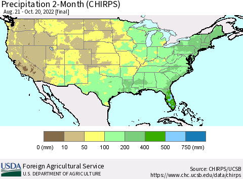United States Precipitation 2-Month (CHIRPS) Thematic Map For 8/21/2022 - 10/20/2022