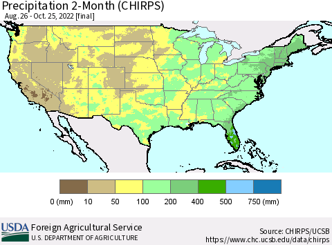United States Precipitation 2-Month (CHIRPS) Thematic Map For 8/26/2022 - 10/25/2022