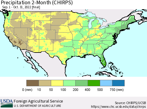 United States Precipitation 2-Month (CHIRPS) Thematic Map For 9/1/2022 - 10/31/2022