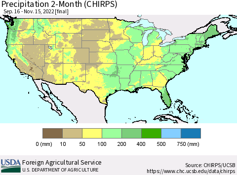 United States Precipitation 2-Month (CHIRPS) Thematic Map For 9/16/2022 - 11/15/2022