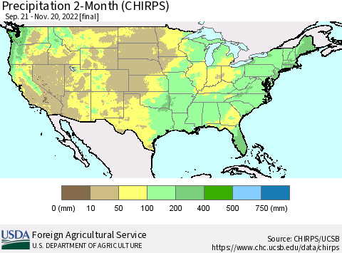 United States Precipitation 2-Month (CHIRPS) Thematic Map For 9/21/2022 - 11/20/2022