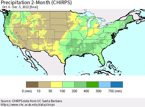 United States Precipitation 2-Month (CHIRPS) Thematic Map For 10/6/2022 - 12/5/2022