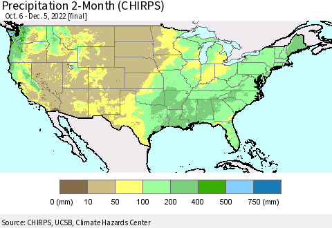 United States Precipitation 2-Month (CHIRPS) Thematic Map For 10/6/2022 - 12/5/2022