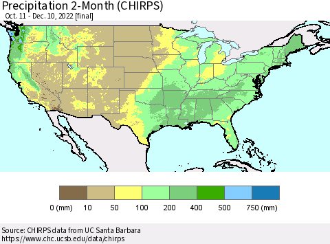 United States Precipitation 2-Month (CHIRPS) Thematic Map For 10/11/2022 - 12/10/2022