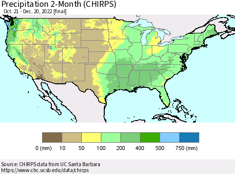 United States Precipitation 2-Month (CHIRPS) Thematic Map For 10/21/2022 - 12/20/2022