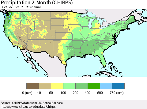 United States Precipitation 2-Month (CHIRPS) Thematic Map For 10/26/2022 - 12/25/2022