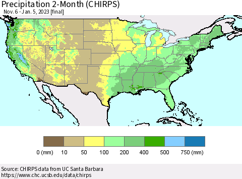 United States Precipitation 2-Month (CHIRPS) Thematic Map For 11/6/2022 - 1/5/2023