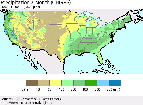 United States Precipitation 2-Month (CHIRPS) Thematic Map For 11/11/2022 - 1/10/2023