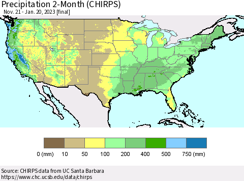 United States Precipitation 2-Month (CHIRPS) Thematic Map For 11/21/2022 - 1/20/2023