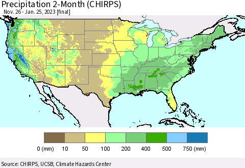 United States Precipitation 2-Month (CHIRPS) Thematic Map For 11/26/2022 - 1/25/2023