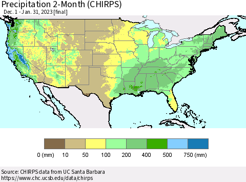 United States Precipitation 2-Month (CHIRPS) Thematic Map For 12/1/2022 - 1/31/2023