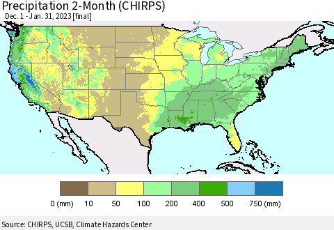 United States Precipitation 2-Month (CHIRPS) Thematic Map For 12/1/2022 - 1/31/2023