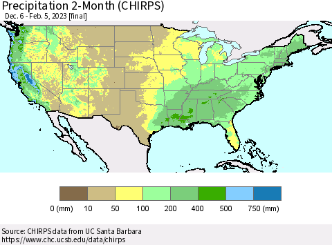 United States Precipitation 2-Month (CHIRPS) Thematic Map For 12/6/2022 - 2/5/2023
