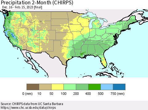 United States Precipitation 2-Month (CHIRPS) Thematic Map For 12/16/2022 - 2/15/2023
