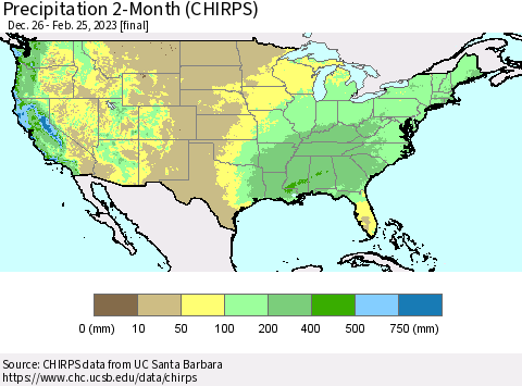 United States Precipitation 2-Month (CHIRPS) Thematic Map For 12/26/2022 - 2/25/2023