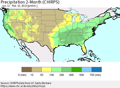 United States Precipitation 2-Month (CHIRPS) Thematic Map For 1/11/2023 - 3/10/2023
