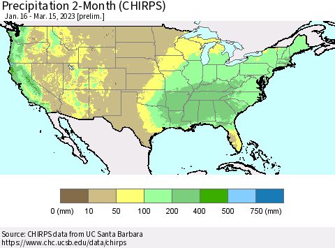 United States Precipitation 2-Month (CHIRPS) Thematic Map For 1/16/2023 - 3/15/2023